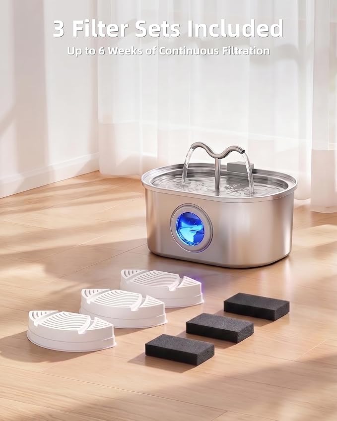 3.2L/108oz Stainless Steel Cat Water Fountain Pet Fountain | Automatic Pet Water Dispenser - Self-Designed Filtration System - Ultra-Quiet Pump - Easy Cleaning & Maintenance