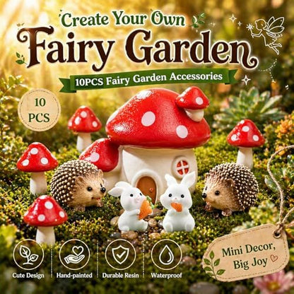 10 PCS Fairy Garden Accessories Miniatures Set, Resin Mushroom House, Woodland Animal Hedgehog & Bunny Figurines for Terrarium, Moss Bonsai, Outdoor Planter Decor