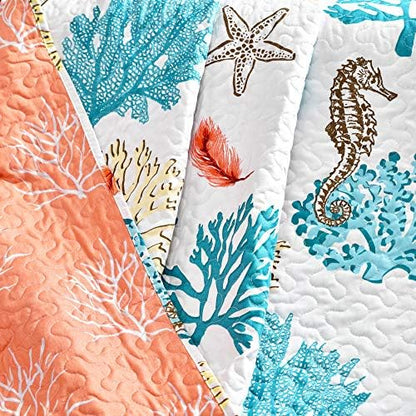 Lush Decor Coastal Reef Feather Reversible Throw Blanket, 50" W x 60" L, Blue & Coral - Throw Blankets for Bed - Couch Blanket - Coastal Throw Blanket for Couch