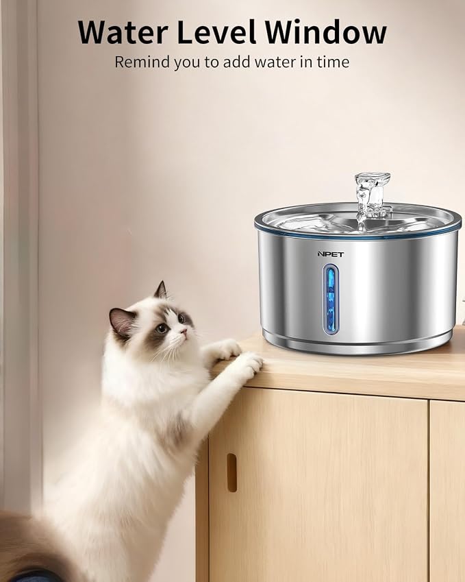 NPET Stainless Steel Cat Water Fountain, 1Gallon/135oz Automatic Pet Drinking Fountain Dog Water Dispenser with 3 Replacement Filters for Cats Indoor