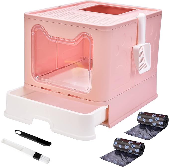 Panghuhu88 Foldable Litter Box With Lid, Large Top Entry Cat Toilet, Enclosed Potty Include Litter Scoop, Drawer Type Easy Clean Pan (Pink, 20" L x 16" W x 15" H)