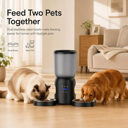 Automatic Cat Feeder with Camera, Dual Bowl 6L WiFi Pet Feeder | Dual 2K Cameras, Two Stainless Steel Bowls, AI Motion Tracking, App Control, 2-Way Audio, Dual-Band WiFi, 6L Capacity