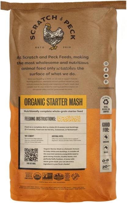 Scratch and Peck Feeds Whole Grain Starter Mash Chicken and Duck Feed - 25 lbs Bag - Corn-Free and Soy-Free - 20.5% Protein, Certified Organic and Non-GMO Project Verified Chicken Food