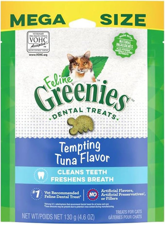 Greenies Cat Treats, Veterinarian-Recommended Adult Natural Dental Cat Treats, Tempting Tuna Flavor, 4.6 oz. Tub