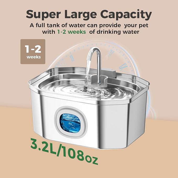 Cat Water Fountain, Apauk 108oz/3.2L Silent cat Water Fountain Stainless Steel, Cat Fountain, Automatic Pet Water Fountain,Dog Bowl, Controllable Blue Light - (2 Filters& 2 Sponges)