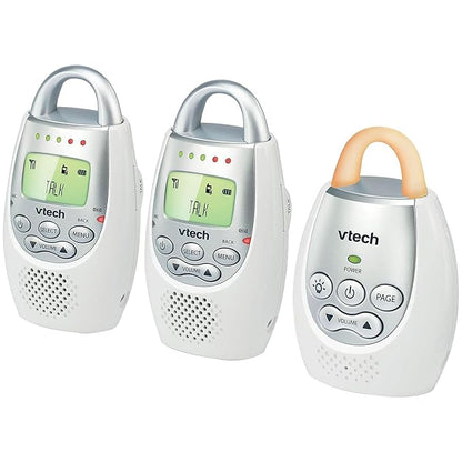 VTech DM221-2 Digital Audio Baby Monitor with 2 Parent Units, DECT 6.0, 1000ft Long Range, Talk Back Intercom, Vibrating Alert, Night Light, Rechargeable - White