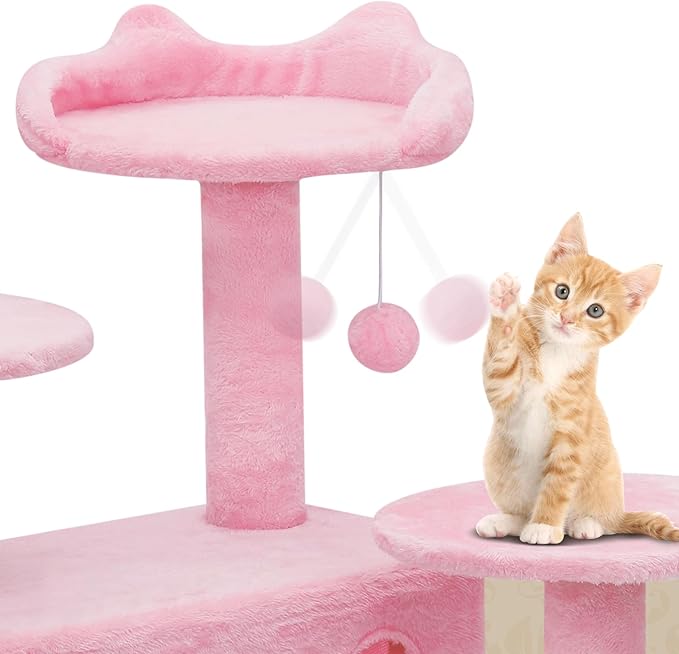 Athena Collection Modern Cat Tree Tower, 77 Inch Tall Cat Tree Climbing Tower with Scratching Post 2 Condo Multi-Level Activity Center and Playing Ball for Indoor Large Adult, Pink