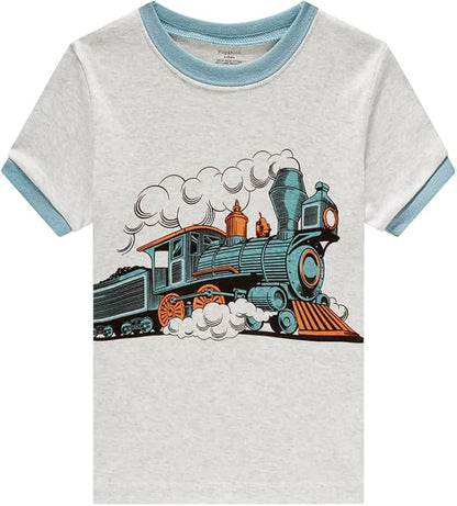 Popshion Boys Pajamas 100% Cotton Toddler Clothes Summer Pjs for Boy Planet Dinosaur Sleepwear Kids Short Sets 2-10 Years