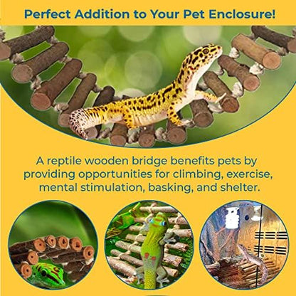 SunGrow Gecko Wooden Ladder Bridge, 14 x 3 inches, Exercise Gym, Interactive Swing Perch for Resting, Metal Clasps for Hanging, Vertical Stairs for Climbing