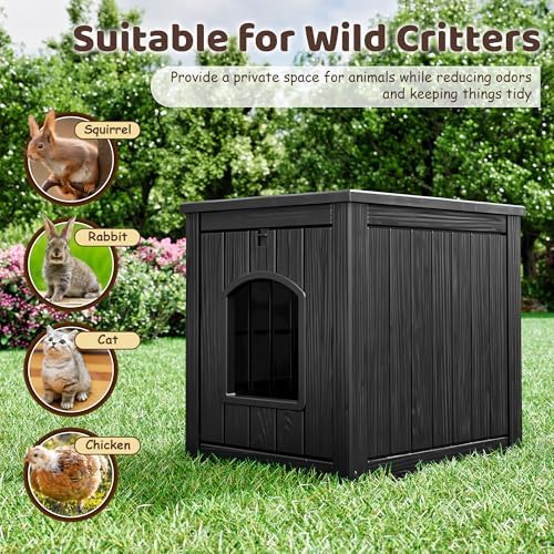Cat Litter Box Enclosure, Resin Hidden Litter Box Furniture Side Table with Openable Front Door, Weatherproof Indoor & Outdoor Cat Litter Box Cabinet, Raised Floor, Easy to Clean & Assemble, Black