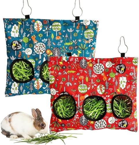 Rabbit Hay Feeder Bag, Guinea Pig Hay Feeder for Cage Small Animal Hanging Feeding Bags Rabbit Hay Dispenser Storage for Rabbits Guinea Pigs Bunnies Chinchillas (Red,Dark Blue, 3 Hole)