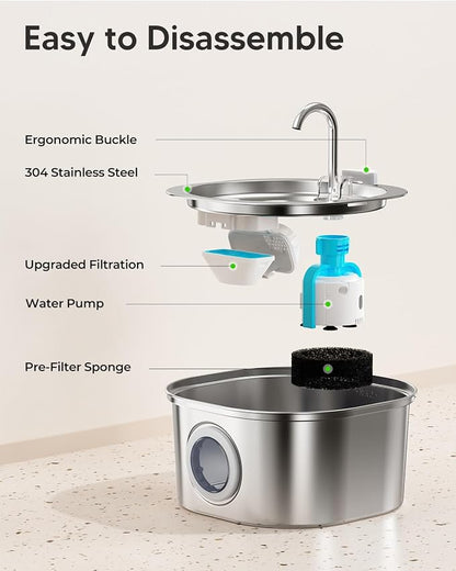 PEKTACO Stainless Steel Cat Water Fountain, 3.2L/108oz with 6 Filters | Cat water dispenser, dishwasher safe, with triple filtration, quiet pump, and visible water window for cats and small pets