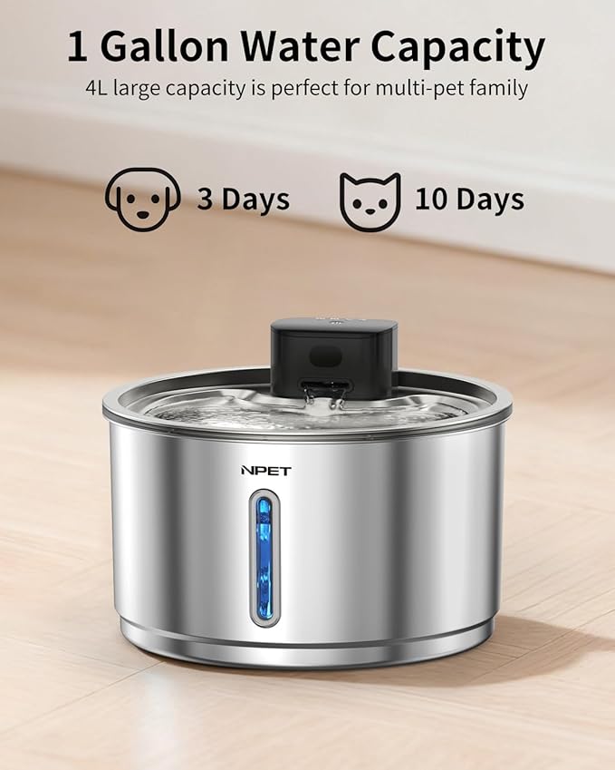 NPET Wireless Cat Fountain Stainless Steel, 1 Gallon/135oz Battery Operated Automatic Pet Drinking Fountain - Cordless Dog Water Dispenser with 8 Replacement Filters for Cats and Dogs Indoor