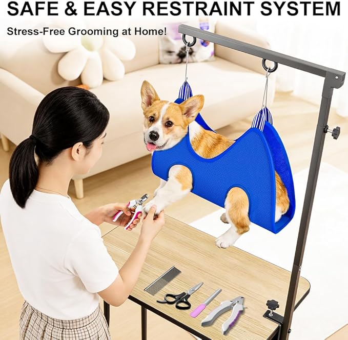 ALLPETS&CO Portable Foldable Dog Grooming Arm Kit: Adjustable 27"-40" with Heavy Duty Clamp & Hammock, 4pc Grooming Tools, No-Sit Restraint for Small Medium Dogs, Complete Home Salon Grooming Set