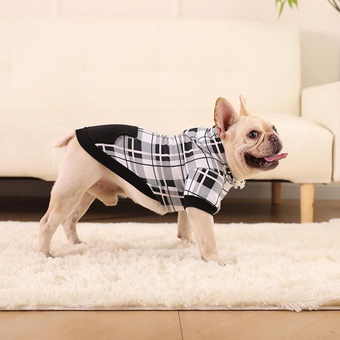 EXPAWLORER Plaid Dog Hoodie - British Style Warm Dog Sweater Shirt with Leash Hole,Pitbull Clothes Outfits,Winter Coat Apparel for All Breeds Puppy Girl Boy-Cat Apparel,Black & White Small