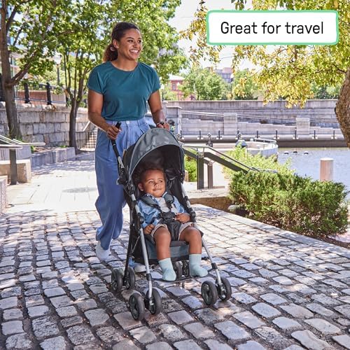 Ingenuity 3D Mini Convenience Stroller – Lightweight Stroller with Compact Fold, Multi-Position Recline, Canopy with Pop Out Sun Visor – Umbrella Stroller for Travel and More, Slate Grey