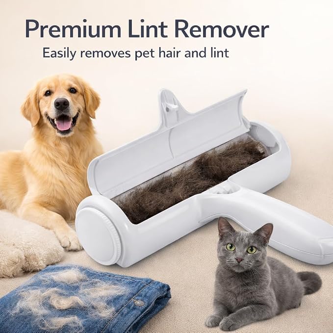 Pet Hair Remover Original Size Reusable Lint Roller for Cat & Dog Hair on Furniture, Couch, Carpet, Car, Rugs & Bedding Portable, Eco-Friendly White Classic