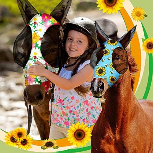 Weewooday 2 Pieces Horse Fly Masks for Horses Soft Fly Masks for Ears Smooth and Elasticity Mask with UV Protection(Flower Patterns,L)