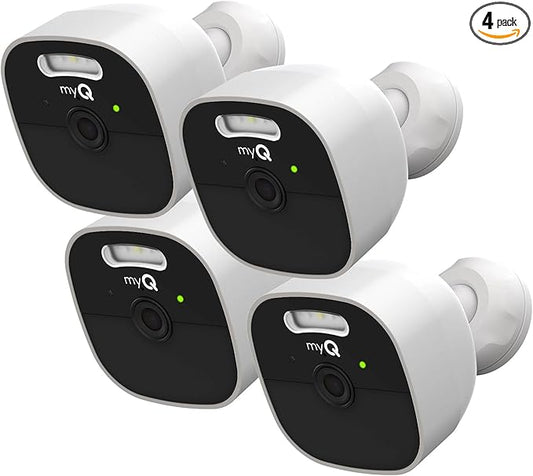 myQ Outdoor Battery Camera | 2K Camera, Color Night Vision, Spotlight, Motion Alerts, Live View with Two-Way Talk, Wireless, Weather-Resistant, Outdoor, White, 4 Pack