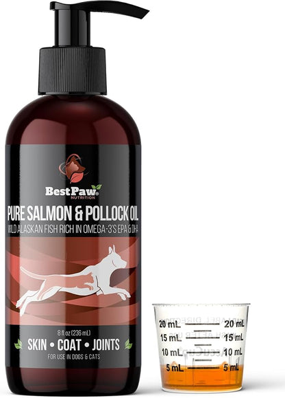 Best Paw Nutrition Wild Alaskan Salmon & Pollock Oil for Cats & Dogs – Omega 3 Fish Oil Liquid Pump with EPA DHA – Skin, Coat & Joint Support – Helps Shedding & Itchy Skin – 8 oz