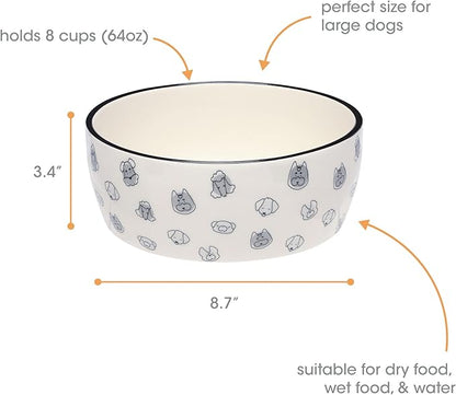 Pearhead Ceramic Dog Bowl Extra Large 8 Cup – Puppy Faces Pattern, Durable Heavyweight Pet Food & Water Bowl, Neutral Modern Design, XL 64 oz