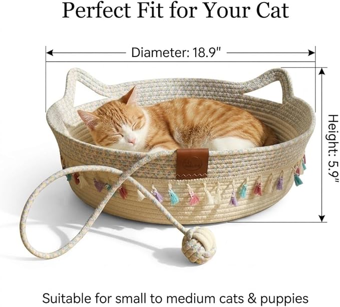 Large Cat Bed Basket Round Cotton Rope Woven,Cat Bed for Indoor with Toy Ball, Suitable for Small and Medium Pets, 18.9" L x 18.9" W x 6" Th (with Tassels)