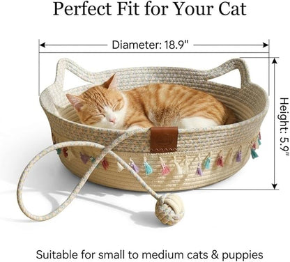 Large Cat Bed Basket Round Cotton Rope Woven,Cat Bed for Indoor with Toy Ball, Suitable for Small and Medium Pets, 18.9" L x 18.9" W x 6" Th (with Tassels)