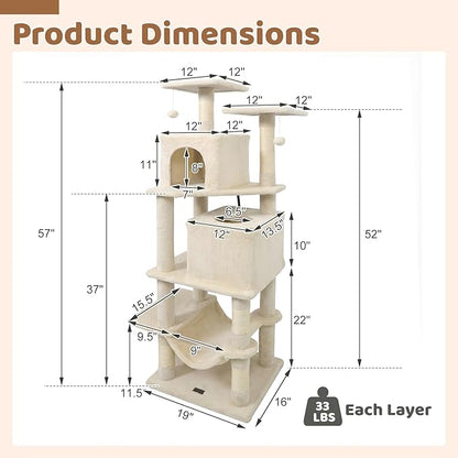 DORTALA 57" Tall Cat Tree, Multi-Level Cat Tower with 2 Large Condos, Sisal Scratching Posts, Top Perch, Hammock, Pet Play House Climbing Furniture for Indoor Adult Cats & Kittens (Beige)
