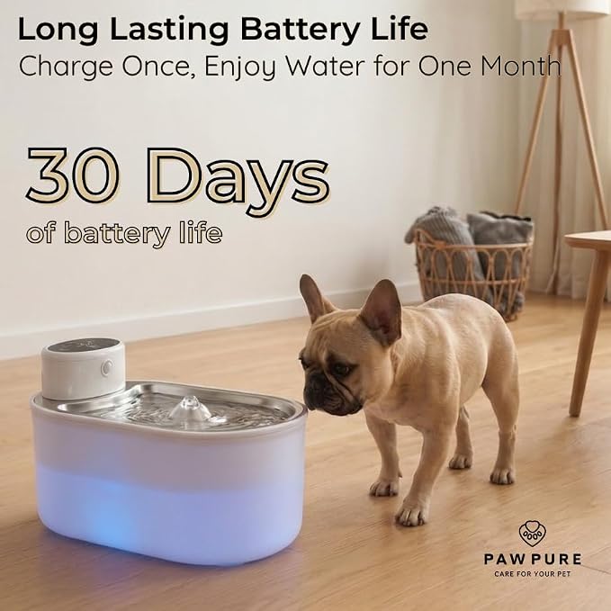 Cat Water Fountain Stainless Steel & Cordless Dog Water Fountain, Automatic Pet Water Dispenser Bowl, Wireless 30-Day Battery, 20dB Ultra-Quiet, for Cats & Small/Medium Dogs, 3L/108oz