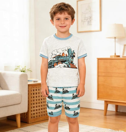 Popshion Boys Pajamas 100% Cotton Toddler Clothes Summer Pjs for Boy Planet Dinosaur Sleepwear Kids Short Sets 2-10 Years