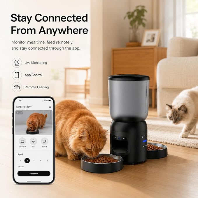 Automatic Cat Feeder with Camera, Dual Bowl 6L WiFi Pet Feeder | Dual 2K Cameras, Two Stainless Steel Bowls, AI Motion Tracking, App Control, 2-Way Audio, Dual-Band WiFi, 6L Capacity