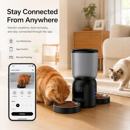 Automatic Cat Feeder with Camera, Dual Bowl 6L WiFi Pet Feeder | Dual 2K Cameras, Two Stainless Steel Bowls, AI Motion Tracking, App Control, 2-Way Audio, Dual-Band WiFi, 6L Capacity