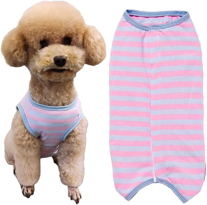 Kukaster Pet Dog Recovery Suit Post Surgery Shirt for Puppy, Wound Protective Clothes for Little Animals(Pink Blue Stripe-l)