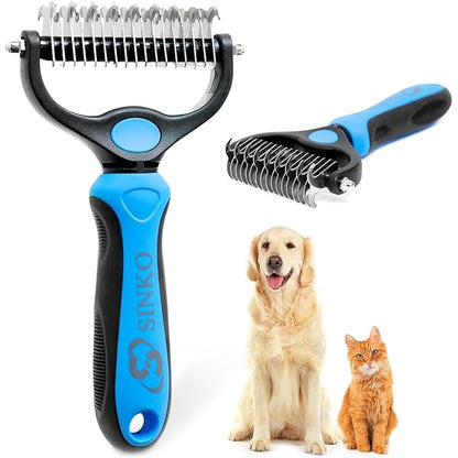 Sinko Deshedding Dog and Cat Brush, Dematting Comb with Extra Wide Double-Sided Stainless Teeth for Detangling, Deshedding, Brushing & Removing Shed Fur, Knots, Mats, and Tangles in Pets (Blue)