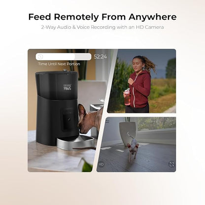 Smart HD Pet Feeder, 6L Dry Food Capacity, 1080p Camera, 2-Way Audio, Scheduled Meals, Backup Power, Easy to Clean, Anti-Jam Design for Cat & Dog, Black/Stainless Steel