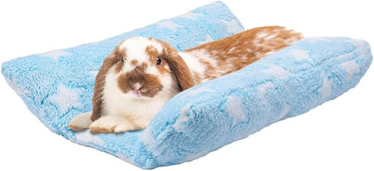 MEWTOGO 15.7" x 14" Bunny Bed for Rabbit Cage - Thickened Soft Prevent Sore Hocks Plush Mat with Cotton Lounger Pillows, Small Animal Flop Mat for Hutch Sleeping Indoor, Light Blue-Star