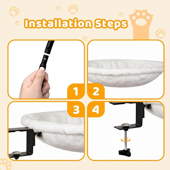 Desk Cat Hammock Bed, 360° Rotation Clamp-On Pet Perch for Home Office & Gaming Desks, No-Drill Space-Saving Cat Bed, 16.5" Round Supports 50 lbs, Includes Soft Washable Pad