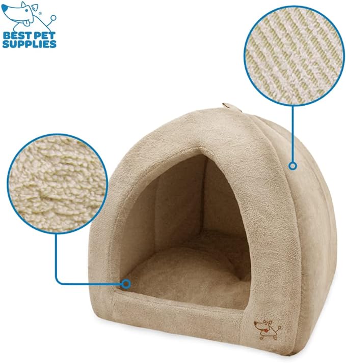 Best Pet Supplies Cat Bed for Indoor Cat, Domed Tent House with Removable Pillow, Covered Cat Cave for Small Dog, Puppies and All Breeds of Cats - Tan, 18 x 18 x H:16"