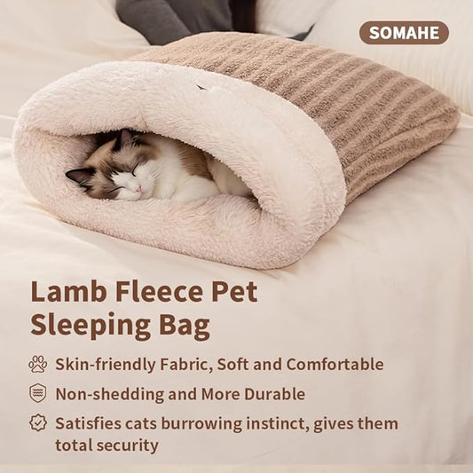 Cat Sleeping Bag for Indoor Cats, Self Warming Cat Bed Cave Fits up to 15 lbs Pets, Pet Sleeping Bed with Plush Portable Snuggle Sack/Hideway 17''×21''White