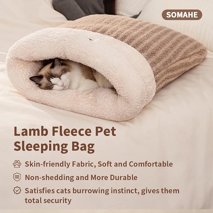 Cat Sleeping Bag for Indoor Cats, Self Warming Cat Bed Cave Fits up to 15 lbs Pets, Pet Sleeping Bed with Plush Portable Snuggle Sack/Hideway 17''×21''Coffee