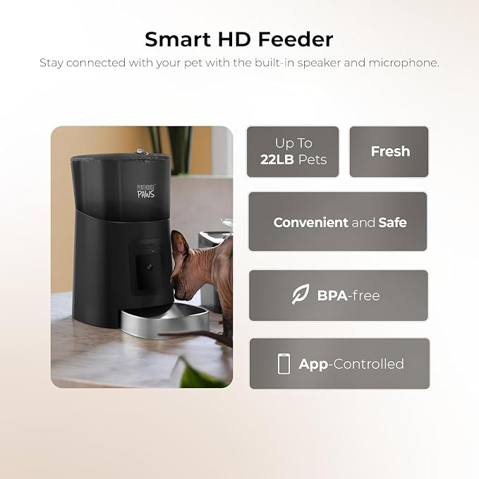 Smart HD Pet Feeder, 6L Dry Food Capacity, 1080p Camera, 2-Way Audio, Scheduled Meals, Backup Power, Easy to Clean, Anti-Jam Design for Cat & Dog, Black/Stainless Steel