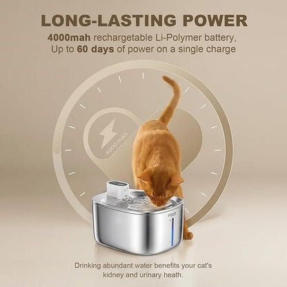 Wireless Cat Water Fountain Stainless Steel,4.5L Cordless Pet Fountains for Dringking,4000mah Battery Operated Cat Water Pountain,Automatic Dog Dispenser w Pet Hair Remover Gloves