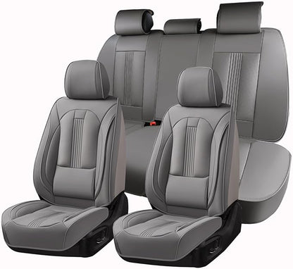Huidasource Car Seat Covers Full Set, Car Seat Cover Nappa Leather with Lumbar Support, Side Elastic Fabric, Velcro Adjustable, Airbag, Ventilation Heating Universal Fit for Most Cars SUV Trucks, Gray