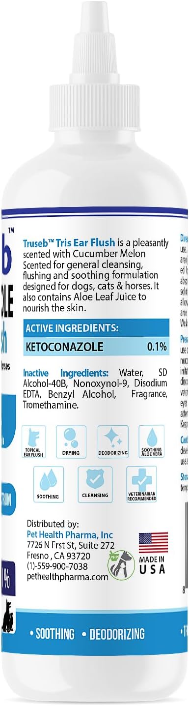 Pet Health Pharma Truseb | Dog Ear Flush Ketoconazole Dog Ear Wash, Cats and Horses, KETOCONAZOL 0.1% Tris Ear Flush for Dogs (12 oz) Made in U.S.A (Ketoconazole Ear Flush, 24 oz)