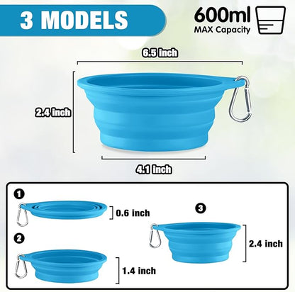 Rest-Eazzzy 2-Pack Silicone Collapsible Dog Bowls, BPA Free Dishwasher Safe, Portable Foldable Travel Bowl, Food Water Feeding Cup Dish for Dogs Cats with 2 Carabiners (Grey, Blue, 600 ML)