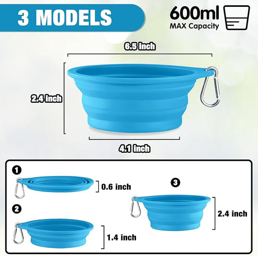 Rest-Eazzzy 2-Pack Silicone Collapsible Dog Bowls, BPA Free Dishwasher Safe, Portable Foldable Travel Bowl, Food Water Feeding Cup Dish for Dogs Cats with 2 Carabiners (Grey, Blue, 600 ML)