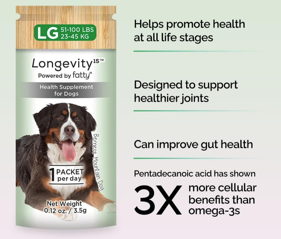 Longevity15 C15:0 Dog Health Supplement (30-Day Supply) & Yummy Combs Dog Dental Treats (8oz Bag) for Extra Large Dogs – C15:0 Fatty Acid for Daily Wellness, Food Topper – VOHC Approved Oral Care