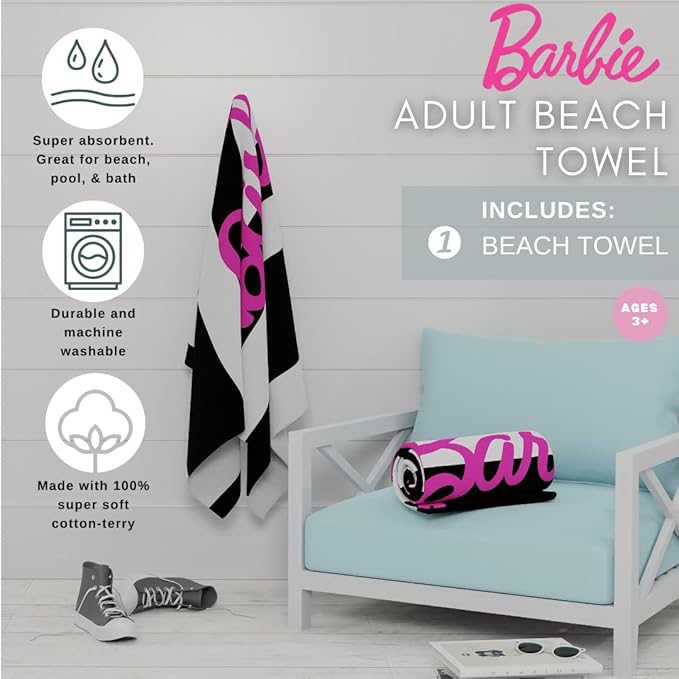 Barbie Barbiecore Black & White Striped Soft Cotton Bath/Pool/Beach Towel, 60 in x 30 in, (Official Licensed Barbie Product) by Franco