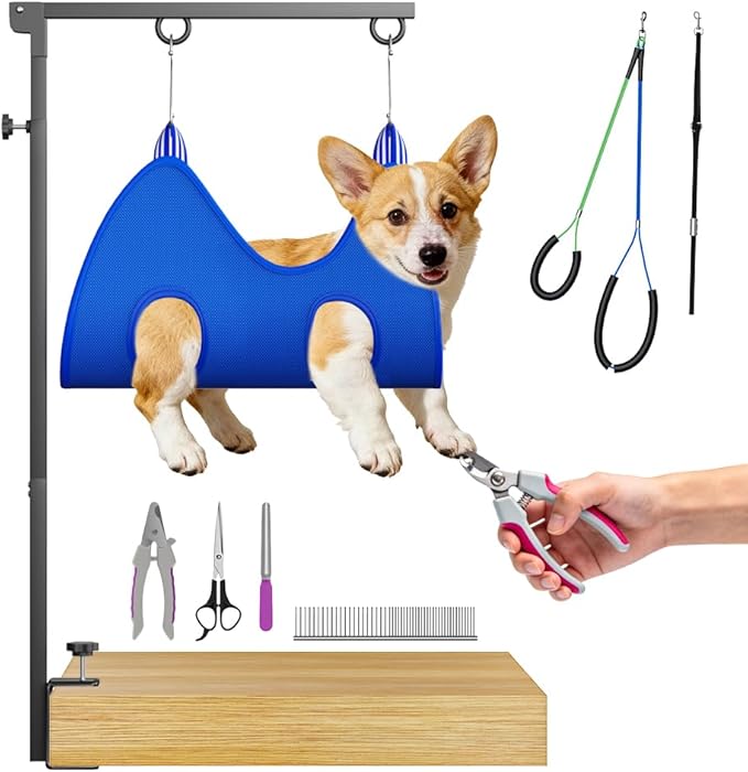 ALLPETS&CO Portable Foldable Dog Grooming Arm Kit: Adjustable 27"-40" with Heavy Duty Clamp & Hammock, 4pc Grooming Tools, No-Sit Restraint for Small Medium Dogs, Complete Home Salon Grooming Set