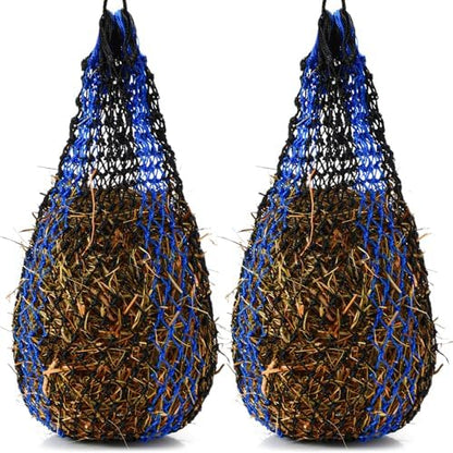 2 Pcs Slow Feed Hay Bag 36 Inch Ultra Slow Hay Feeders 1.5 x 1.5 Inch Holes Hay Nets for Horses Goat Livestock Horse Supplies, Black and Blue